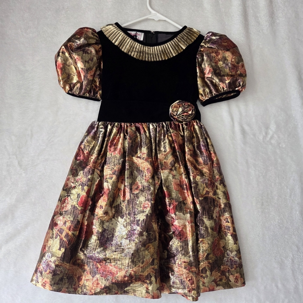 Vintage 80s Mini Mouche Metallic Fit And Flare Girls‎ Dress Sz 5 Velvet Top